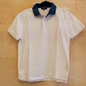 MEN'S SPADA ROMA WHITE AND DENIM COLLARED SHORT SLEEVE SHIRT SIZE LARGE $98